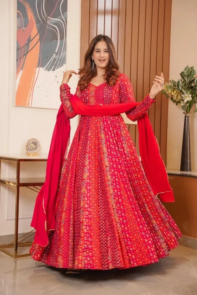 Classic Red Embroidered Anarkali Set – Thread & Button