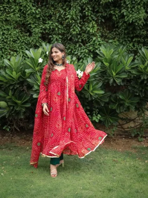 Red Bandhani Anarkali suit