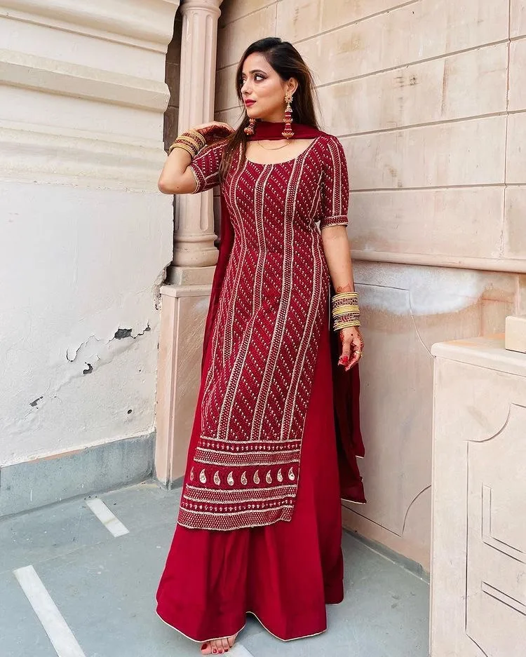 Georgette Ladies Red Sharara Suit at Rs 1195/piece in Delhi | ID:  23392479330