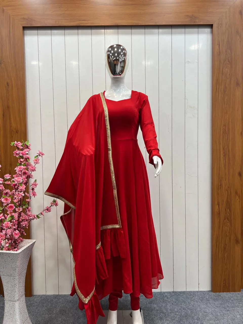 Hand Embroidered Net Anarkali Suit in Red : KBX19