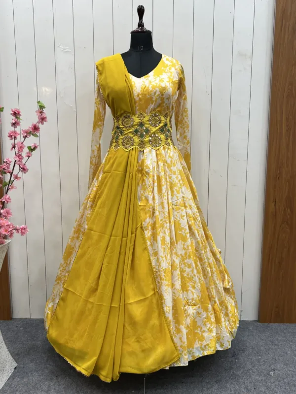 Yellow chiffon chinnon gown with belt