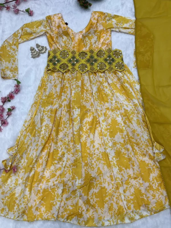 Yellow chiffon chinnon gown with belt