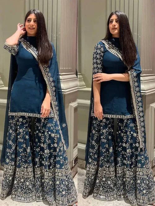 Navy Blue Embroidery Palazzo Set