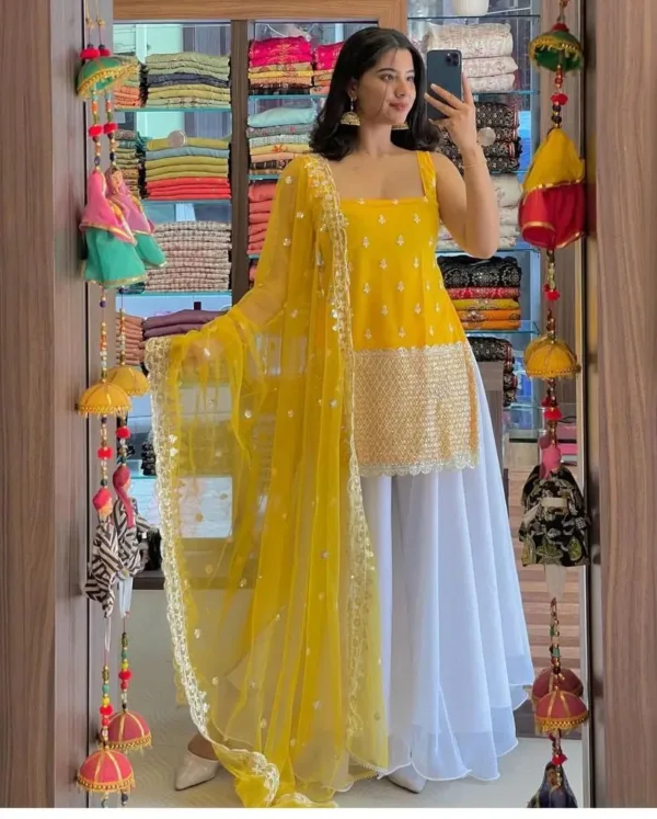 Yellow Embroidery palazzo suit with dupatta