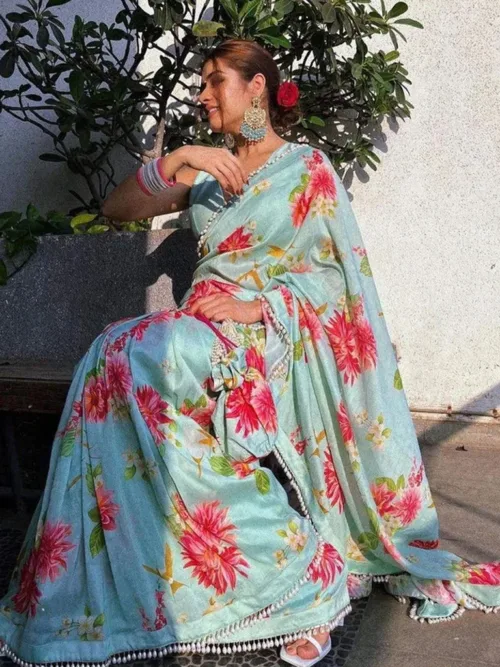 Sky satin saree