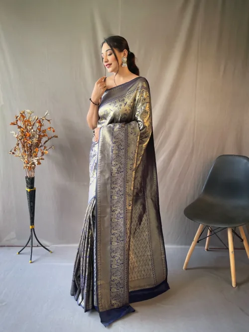 Navy Blue Banarasi Silk Saree