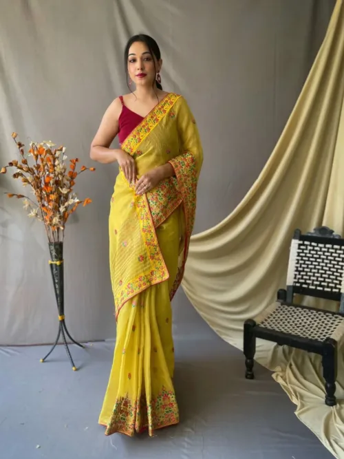 Yellow Embroidered Silk Saree