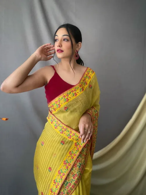 Yellow Embroidered Silk Saree