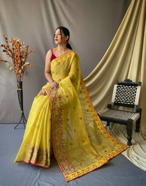 Yellow Embroidered Silk Saree