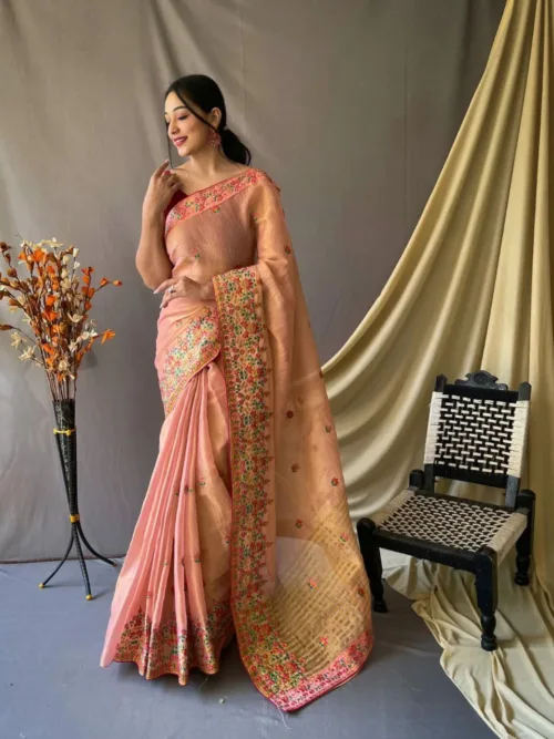 Orange Embroidered Silk Saree