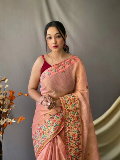 Orange Embroidered Silk Saree