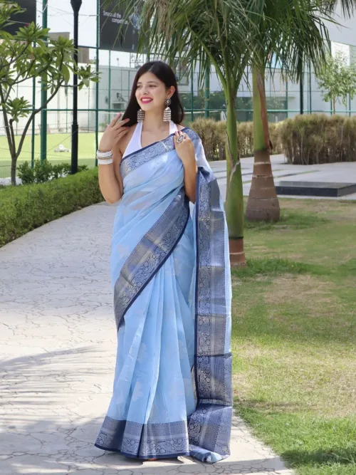 Sky Blue Pure Linen Saree