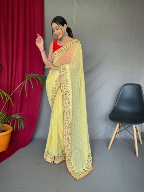 Yellow Georgette Sequins Saree