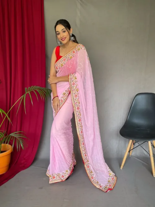 Pink Georgette Sequins Saree