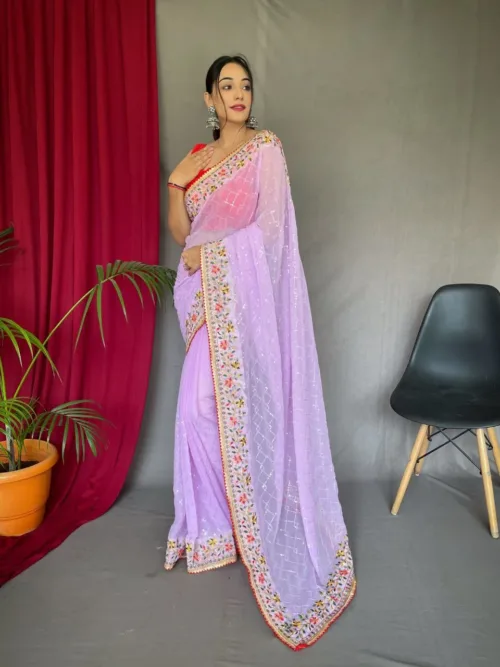 Purple Georgette Sequins Saree