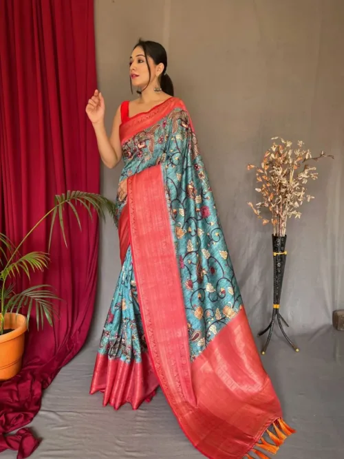 Sky Blue kalamkari print Saree