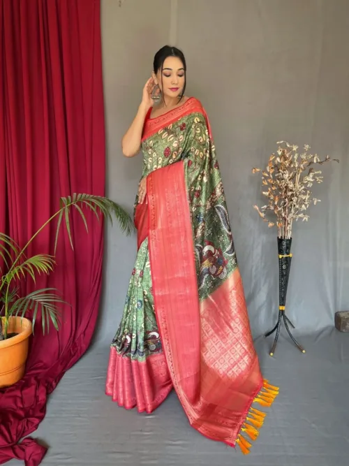 Dark Green kalamkari print Saree