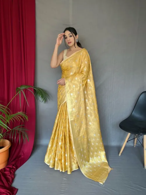 Yellow kanchipuram digital printed saree