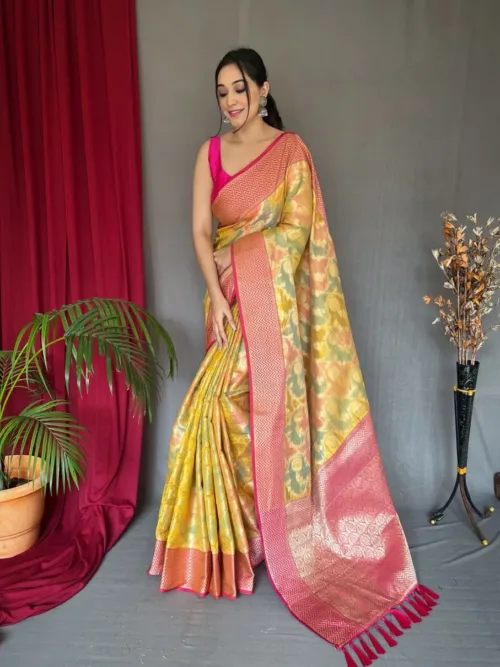 Yellow kanchipuram digital printed saree