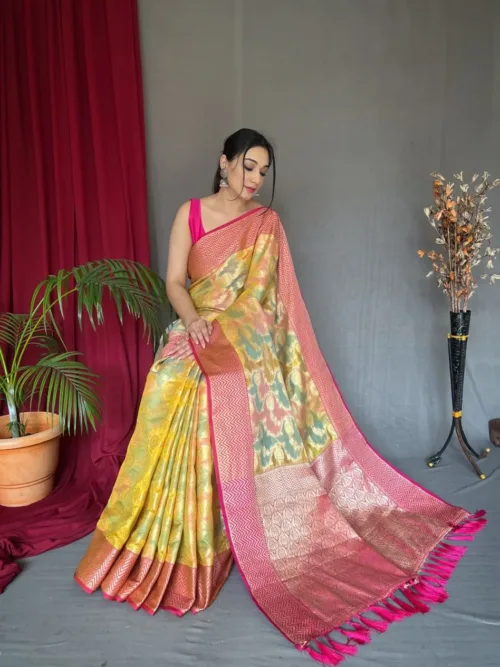 Yellow kanchipuram digital printed saree