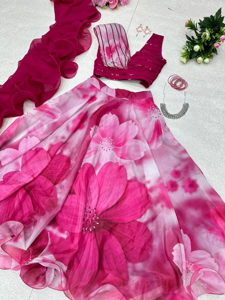 Pink Flower printed Lehenga Choli