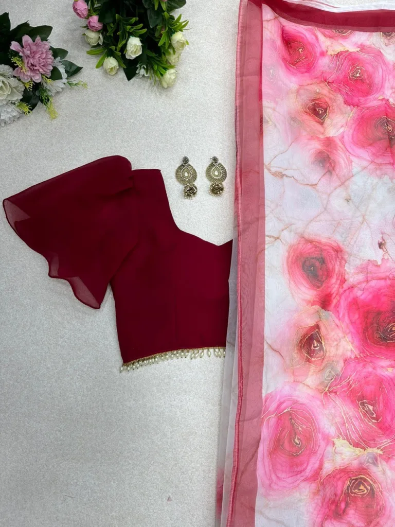 Pink saree with flower print