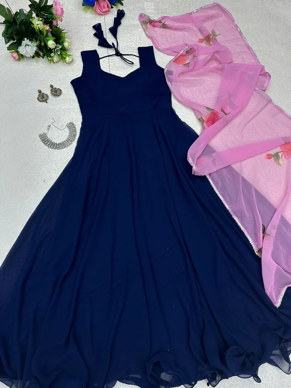 Rama Green and Navy Blue Silk Gown with Net Dupatta  https://www.sareessalwarkameez.com/rama-... | Indian gown design, Gowns,  Printed gowns