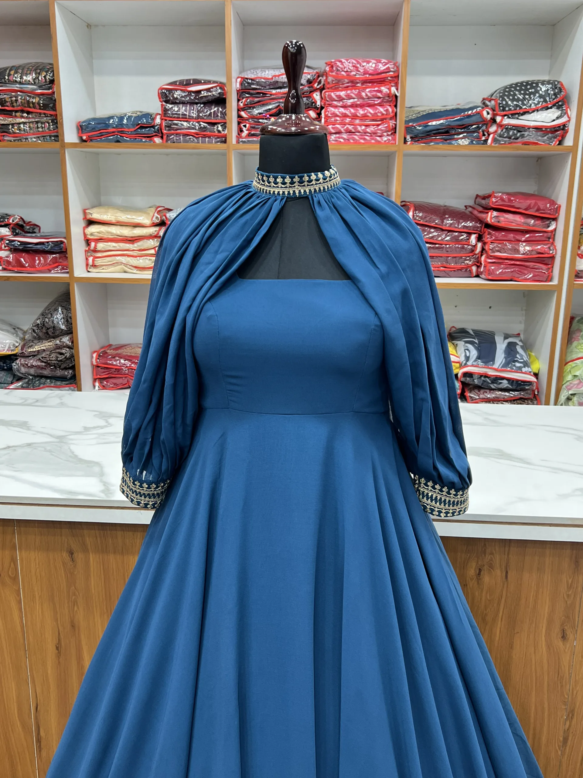 A-Line Tulle Gold/Blue Long Prom Dress, Blue Formal Evening Dress – shopluu