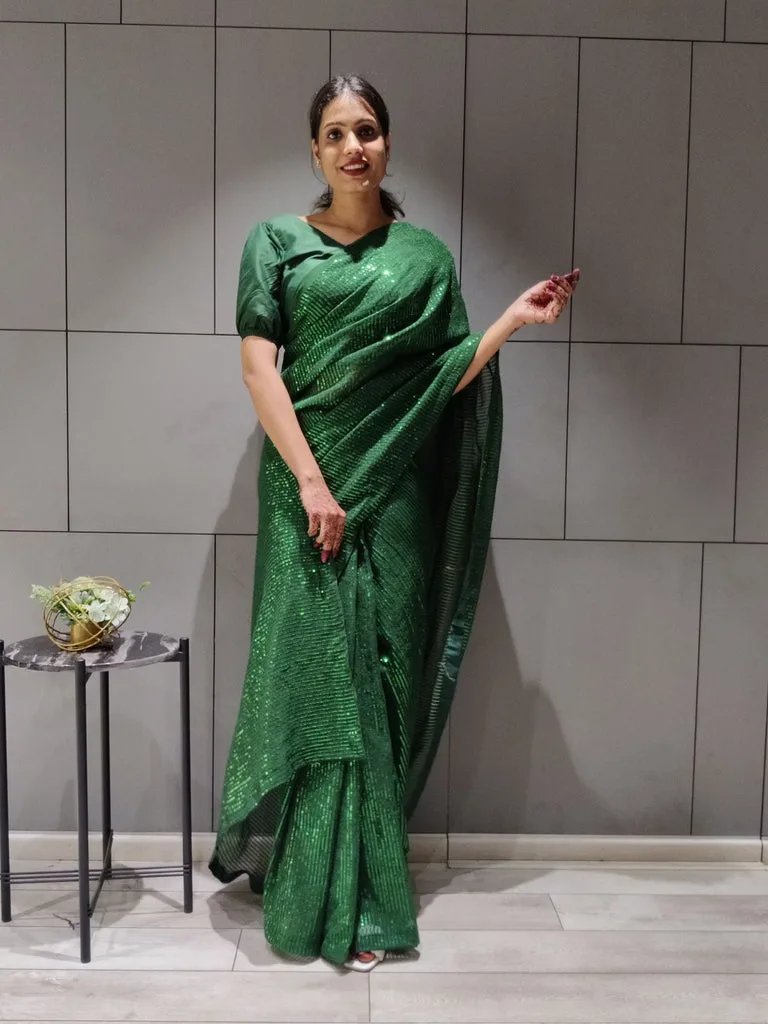 Green ready-made full sequins saree - Dress me Royal