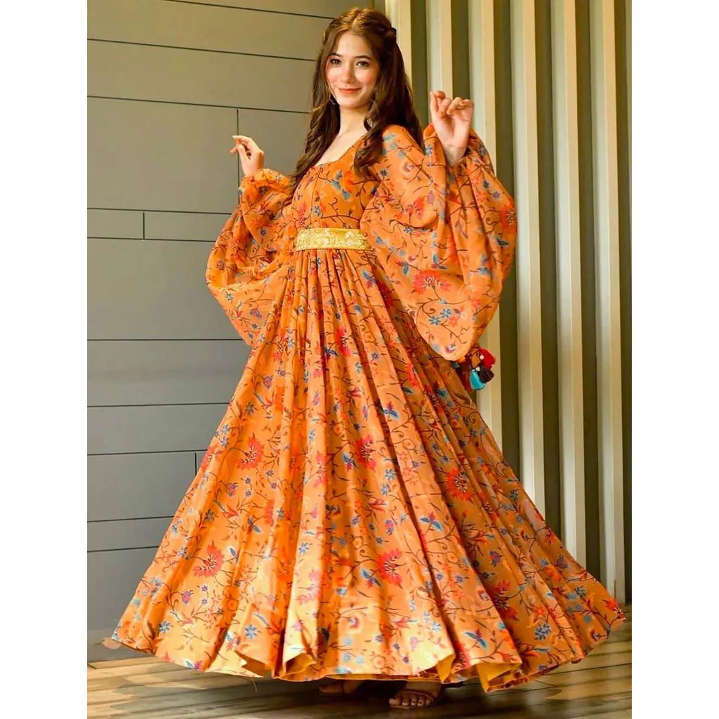Orange Maxi dress with Floral printed design - Dress me Royal