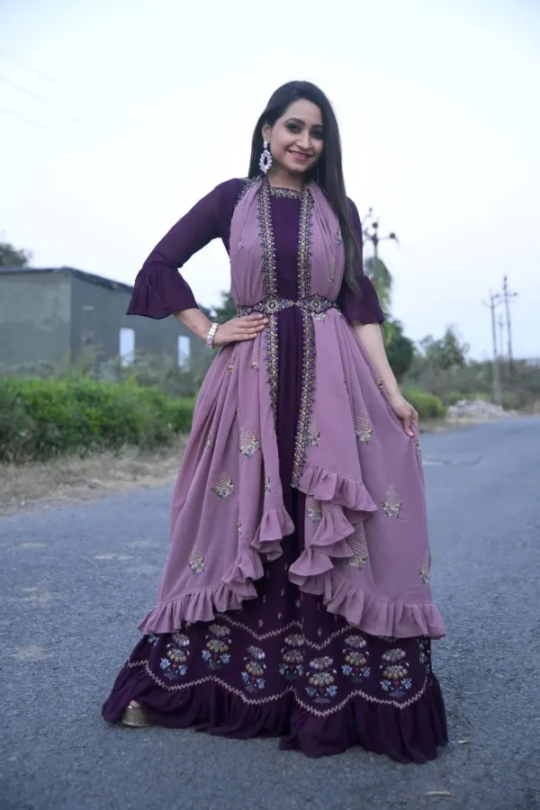 Purple Embroidery Gown with Dupatta