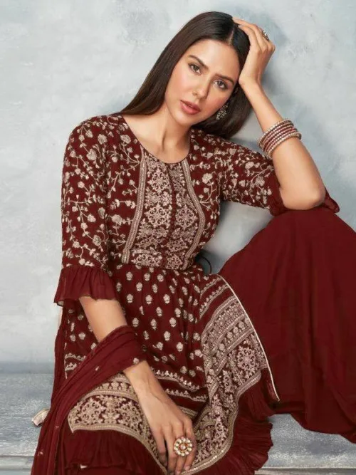 Maroon Embroidery Sharara suit