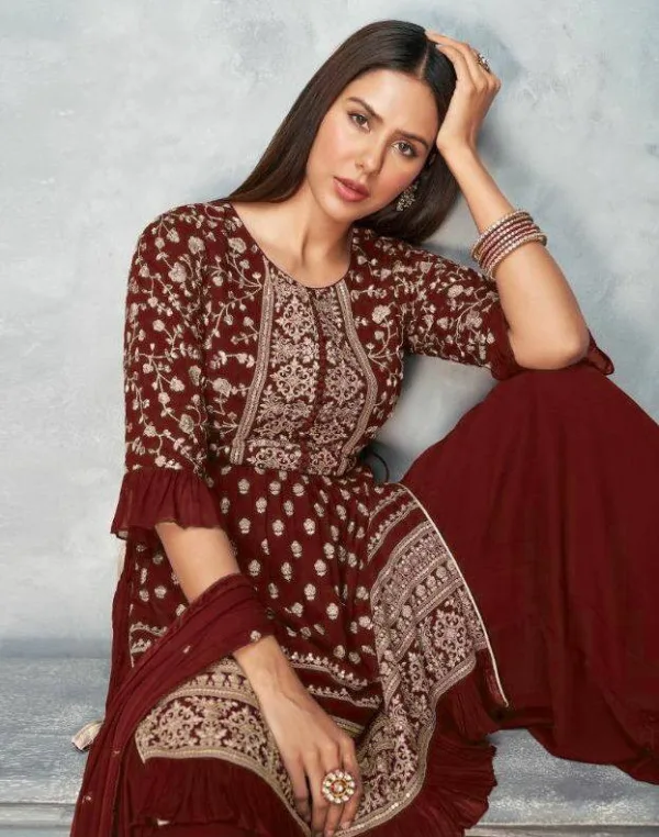 Maroon Embroidery Sharara suit