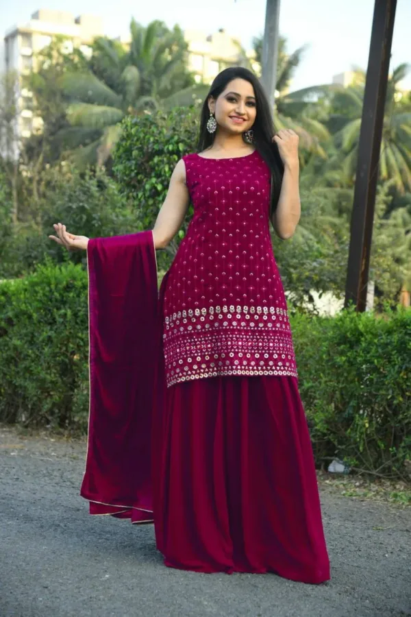 Wine Embroidery Work sharara suit