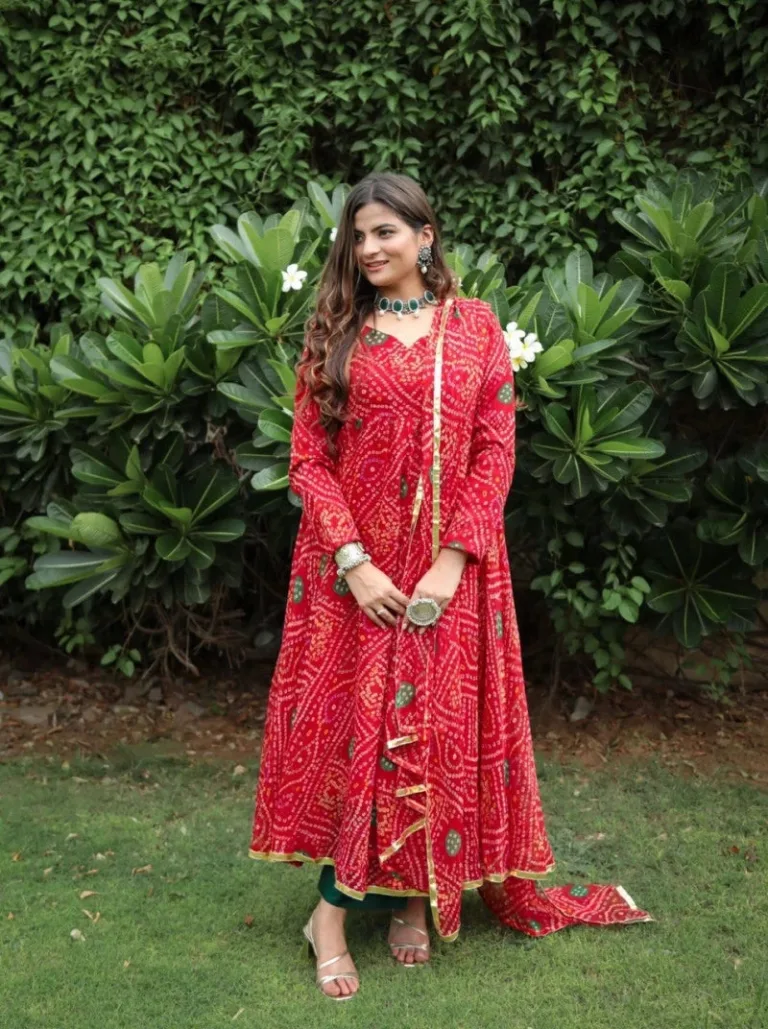 Red bandhani Anarkali Set