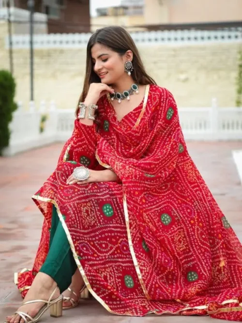 Red bandhani Anarkali suit