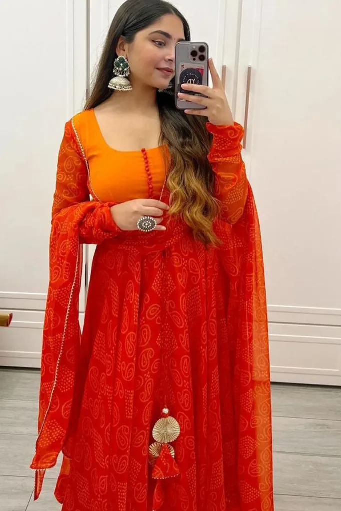 Orange Bandhani printed Anarkali set