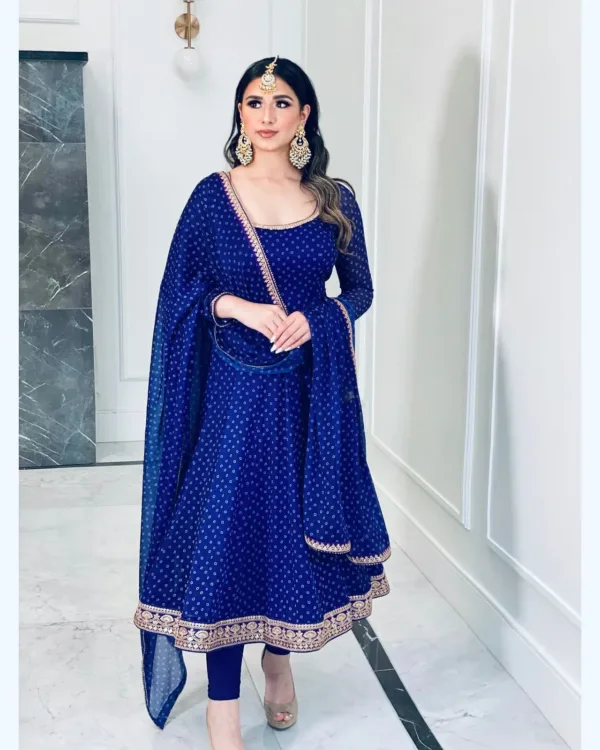 Blue Anarkali suit with Bandhani print