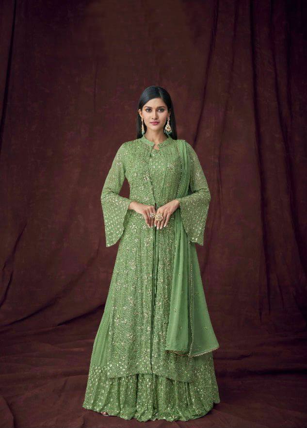 Buy Green Georgette Embroidered Floral Open Cape And Ombre Lehenga Set For  Women by Anupraas by Nishant… | Simple lehenga, Designer dresses casual,  Long gown design