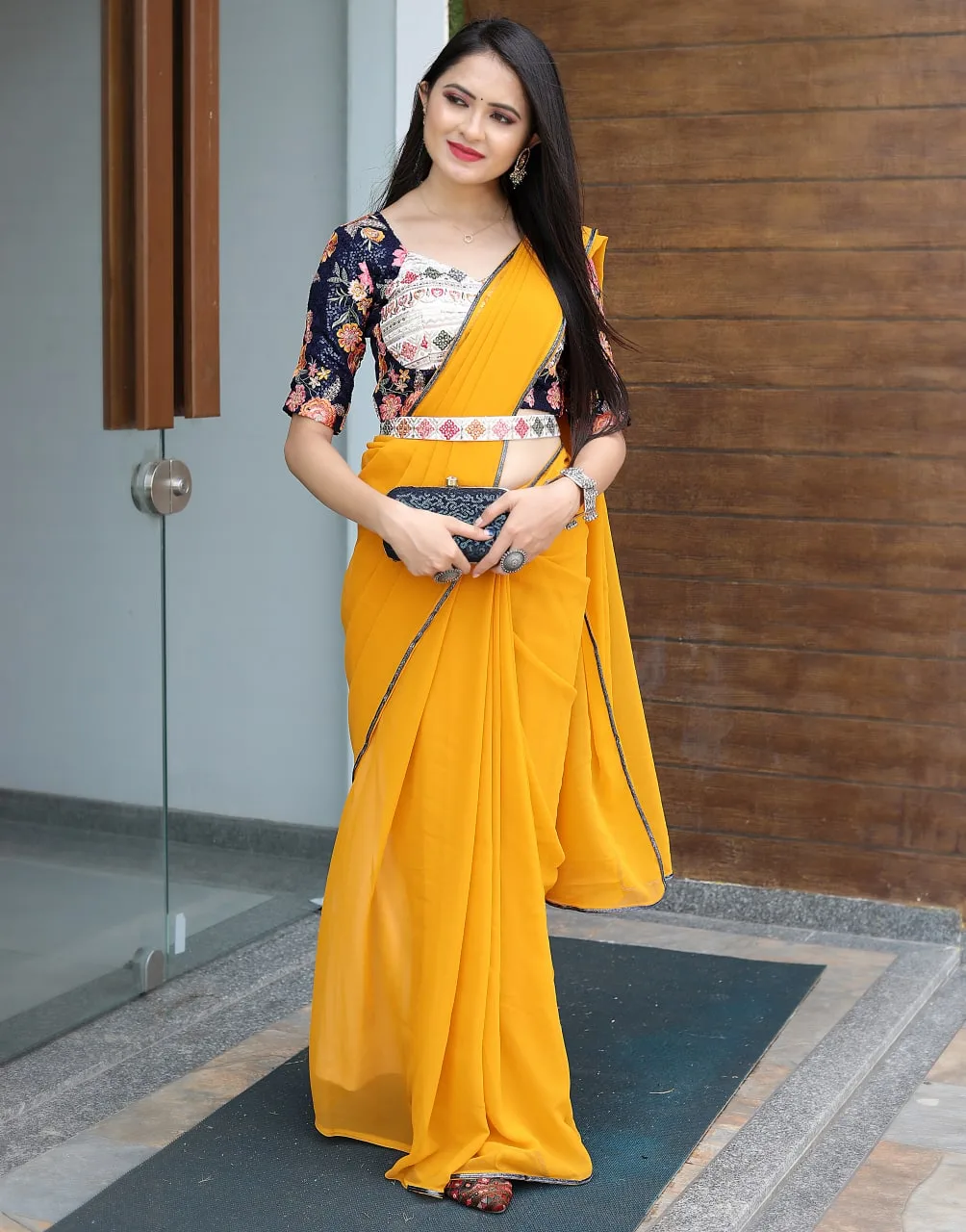Yellow Bollywood Party wear Saree with waist belt