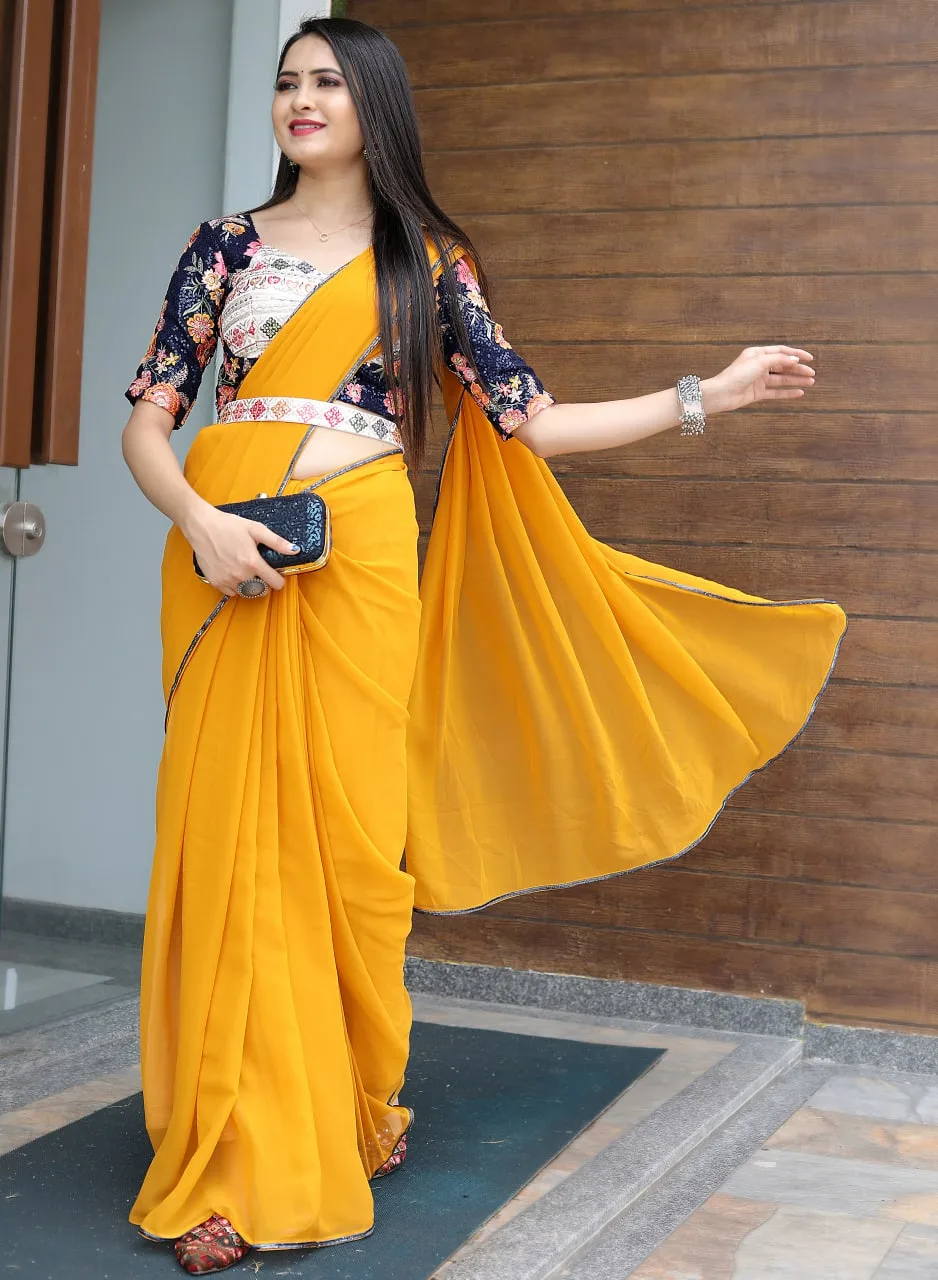 Yellow Bollywood Party wear Saree with waist belt