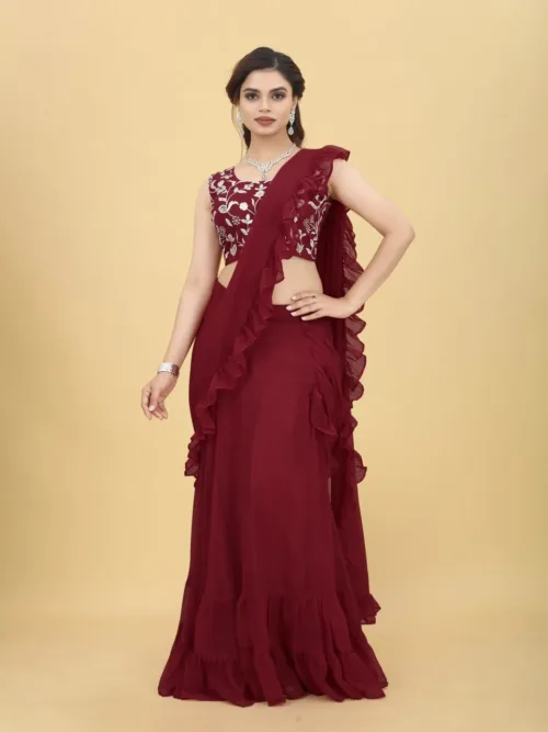 Maroon Ruffled Saree with blouse