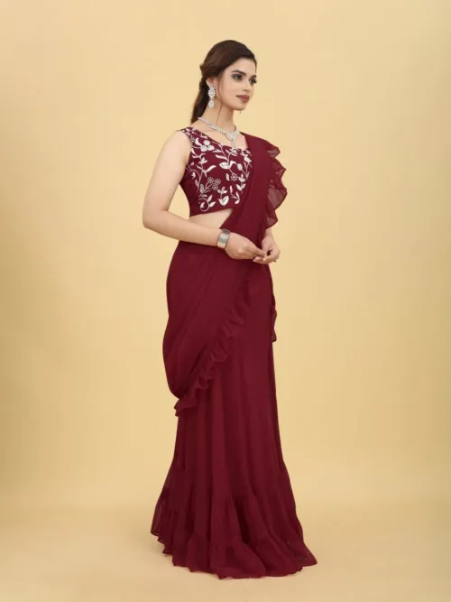 Maroon Saree with Ruffled lace