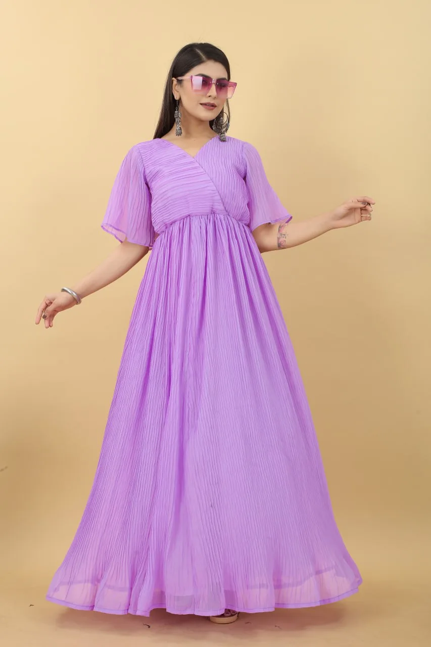 PRESENTING NEW LAVENDER AND DARK WINE COLOUR PURE SOFT FOX GEORGETTE FULLY  FLAIR GOWN,DUPPTA SET