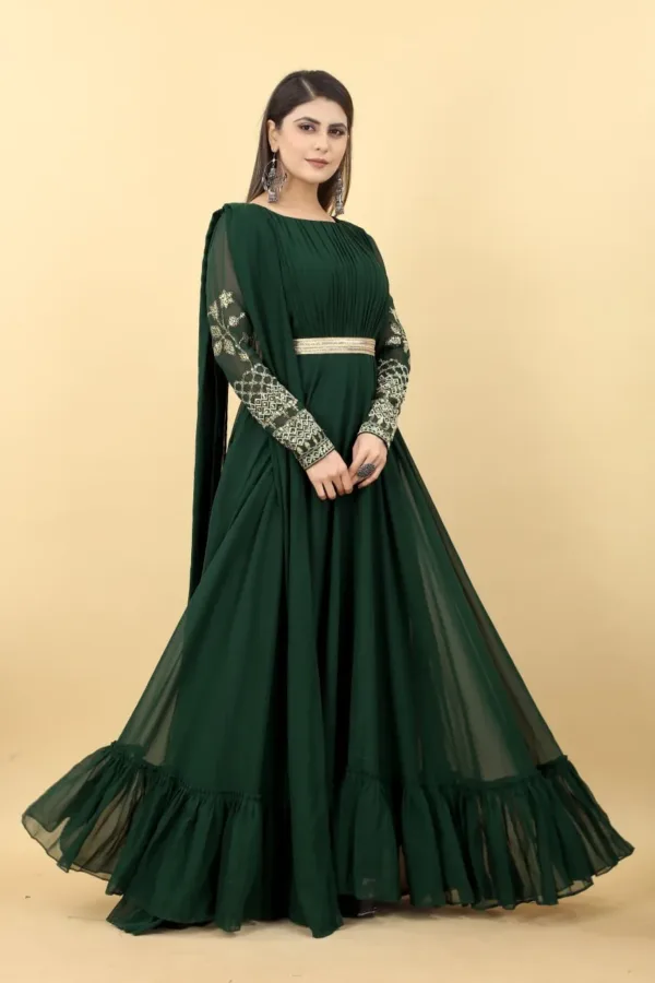 Green Ruffled Pattern Gown with Dupatta