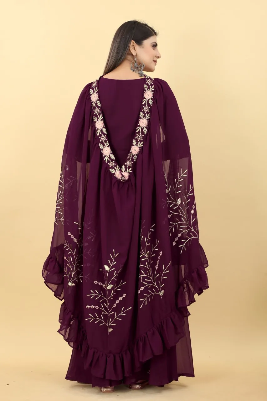 Designer Wine Color Velvet Gown with Embroidery Work Dupatta