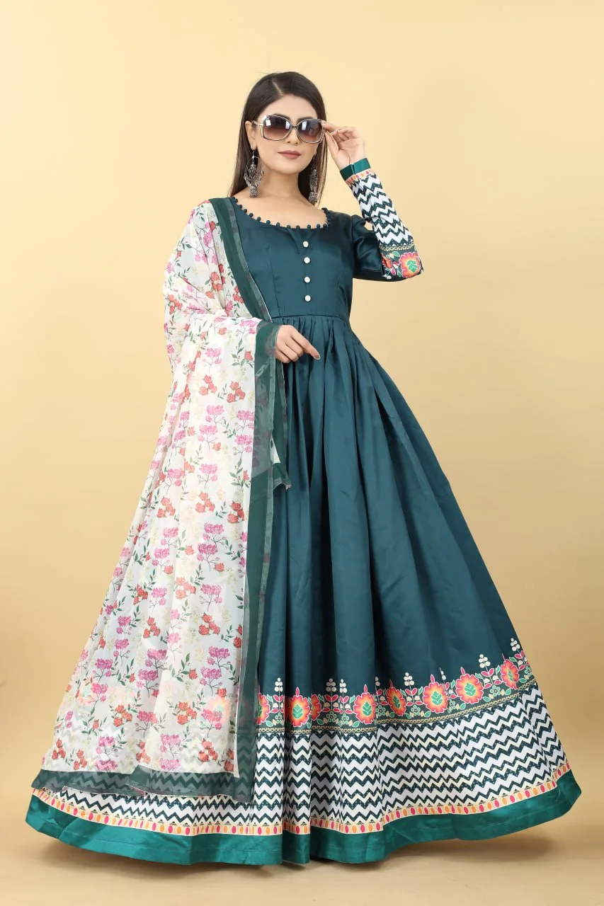 Green Designer Party Wear Gaji Silk Gown | Ladies gown, Long gown design,  Printed gowns