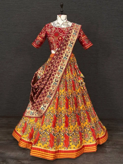 Yellow lehenga with Maroon woven dupatta