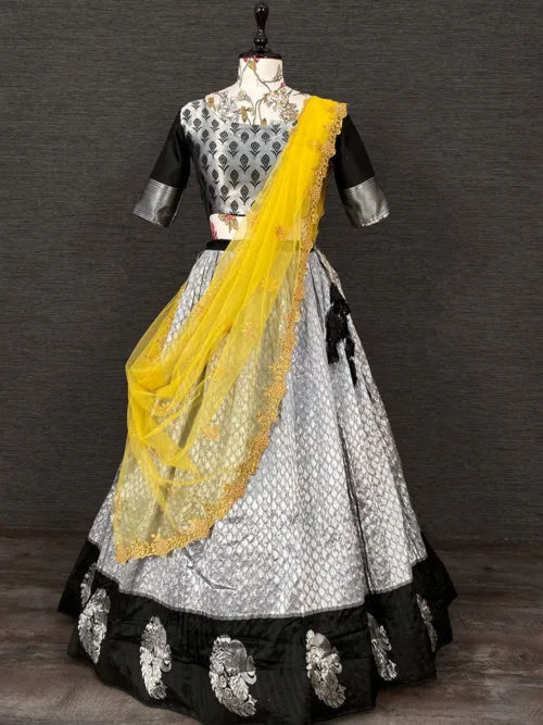 Grey lehenga choli with yellow net dupatta