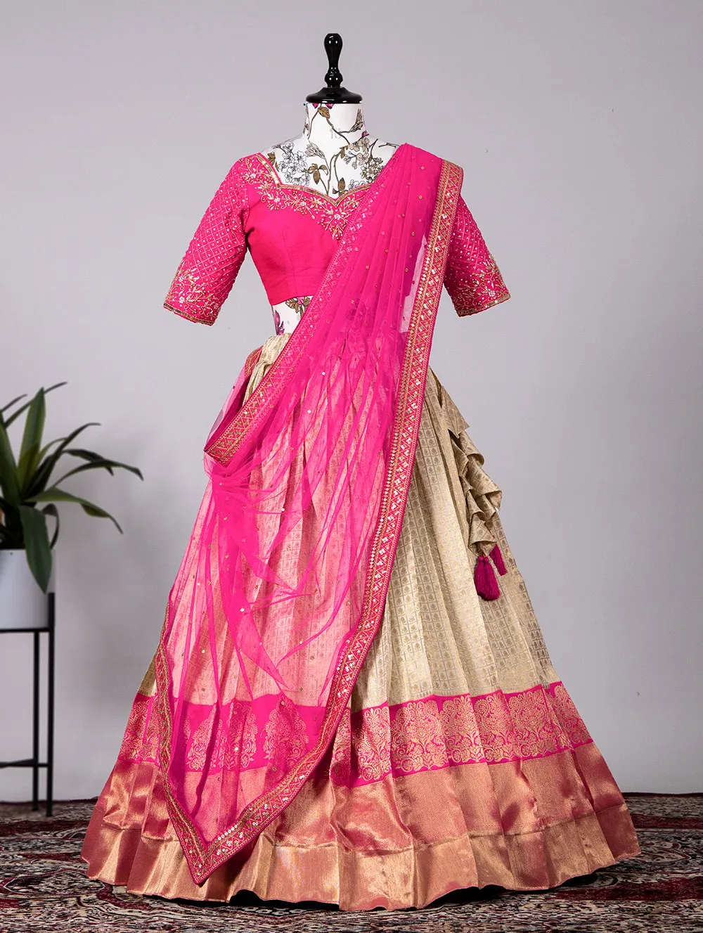 Buy Cream and Pink Color Gajji Silk Fabric Printed Lehenga Choli Online -  LEHV3126 | Appelle Fashion